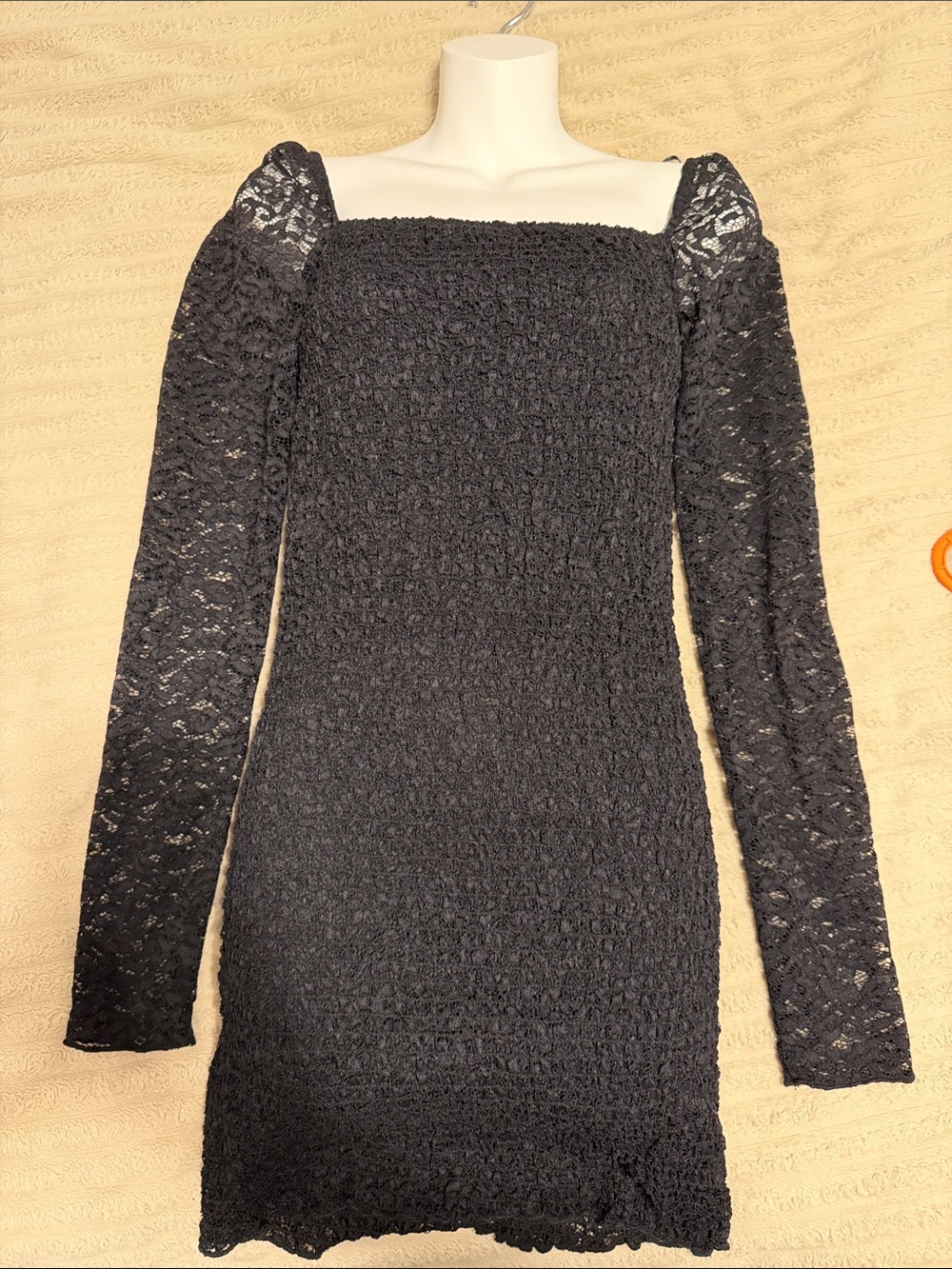 Revamped Black Lace-Accent Smocked Bodycon Dress